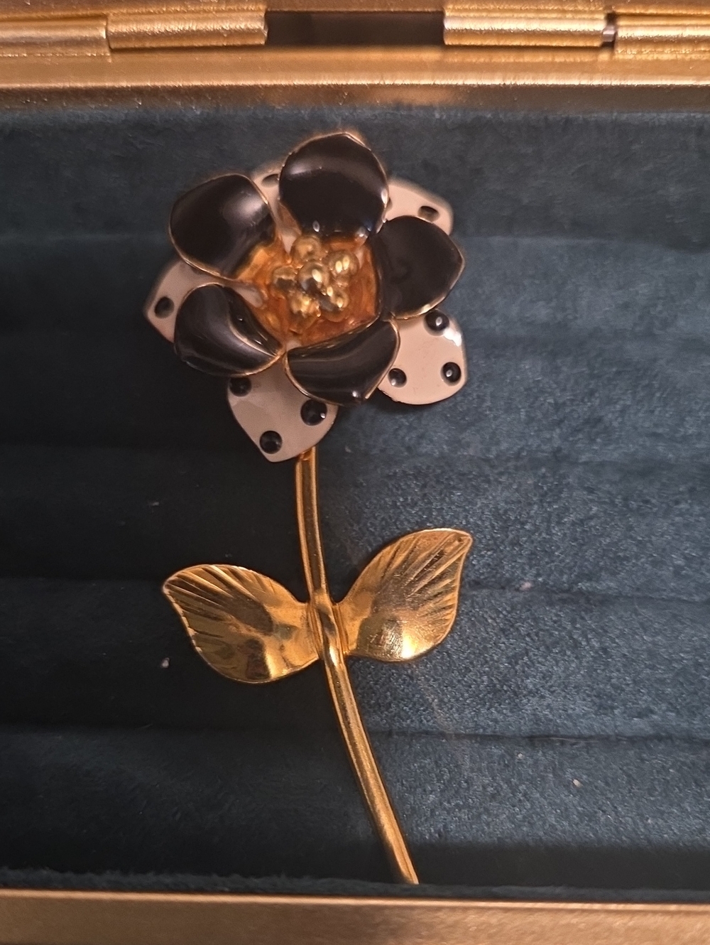 Gold-Tone Black Enamel Flower Brooch - Women Jewelry